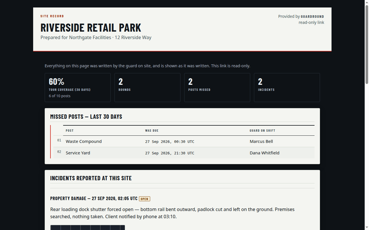 The client's read-only link for one site: coverage, missed posts, incidents and reports