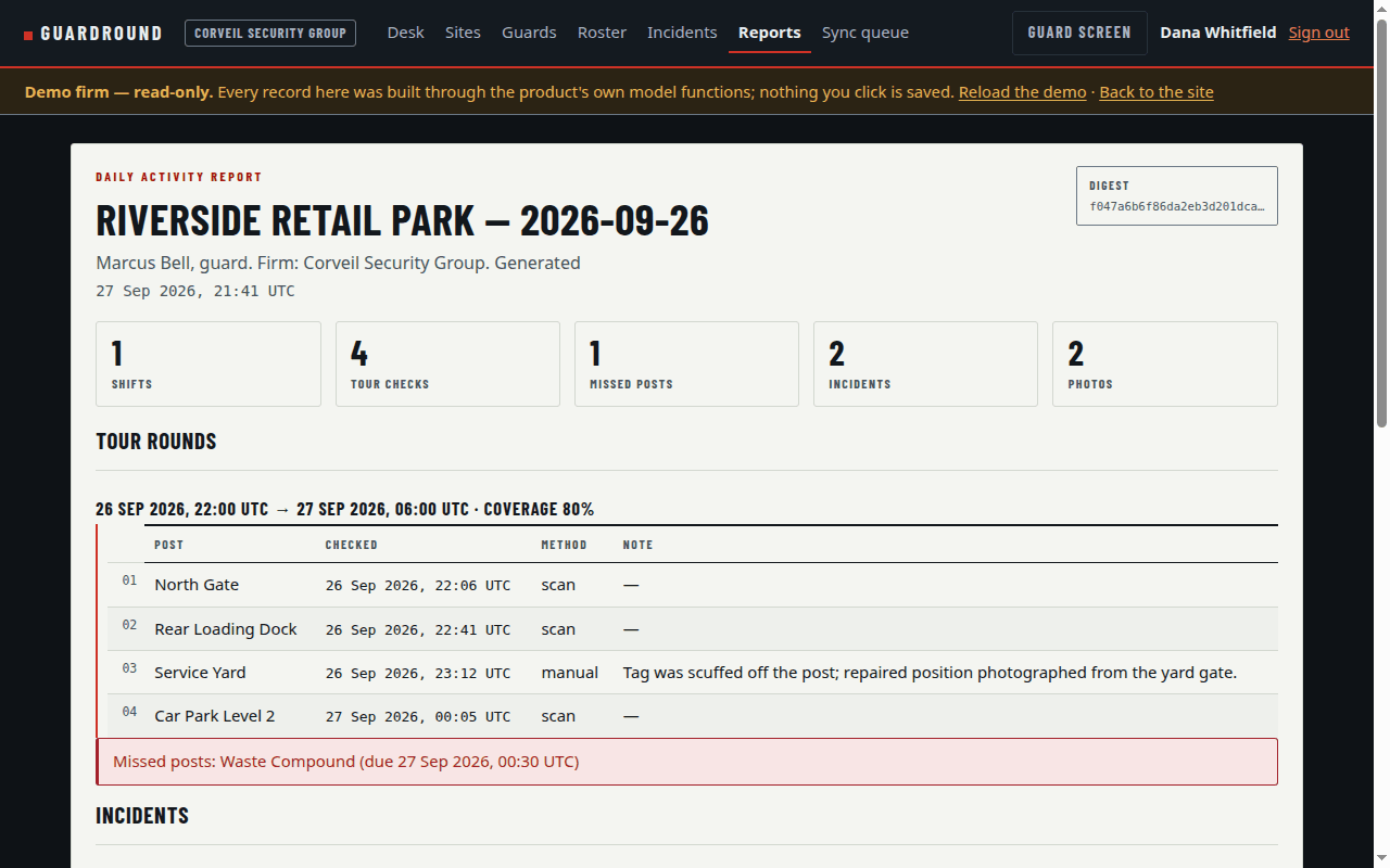 A daily activity report assembled from the day's own checks and incidents, digest attached