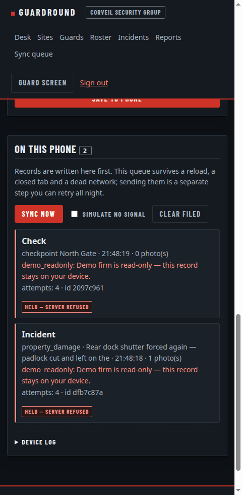 The guard screen: records held on the phone with the server's own reason attached