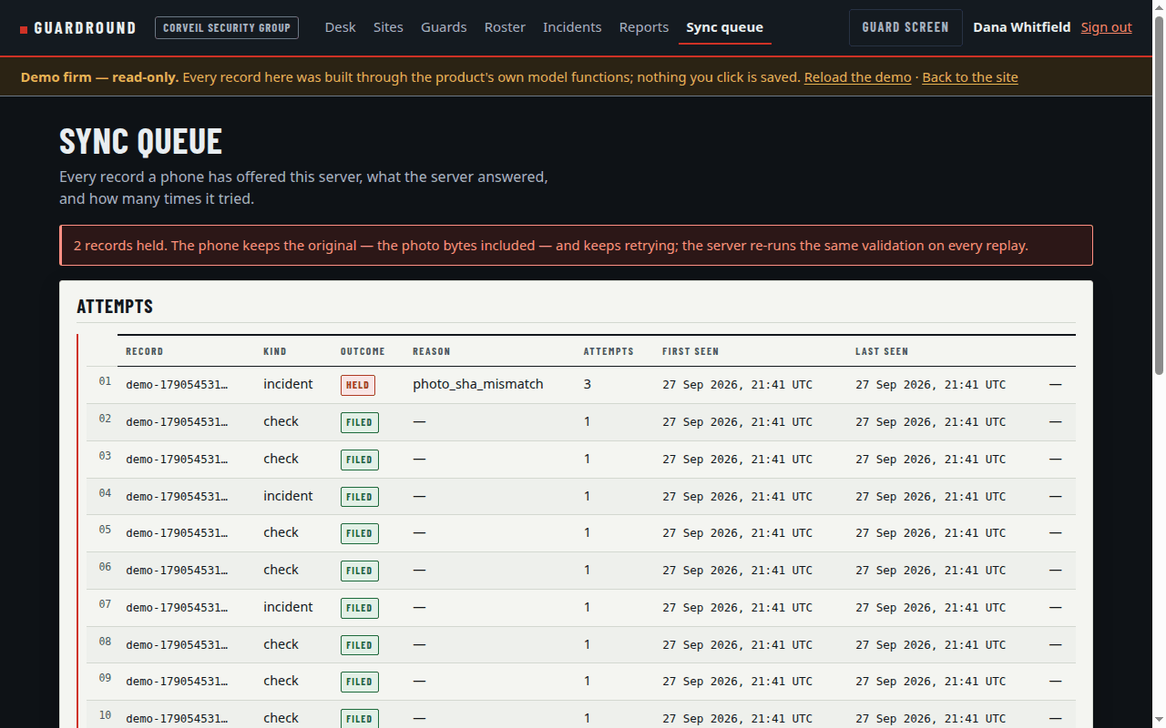 The sync queue: a record the server refused, with its reason and the retry count